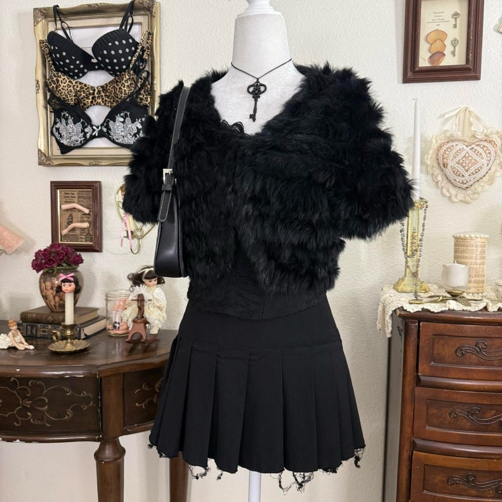 y2k coquette romantic goth girly grunge black rabbit fur cropped bolero cardigan - Picture 2 of 7